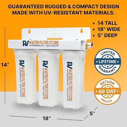 Enhanced RV Water Filter System – Triple Canister Filtration for Iron, Heavy Metals, & Sediment – 0.5 Micron Carbon Block – Ideal for RVs, Motorhomes, and Travel Trailers Remove Red Stains, High Flow