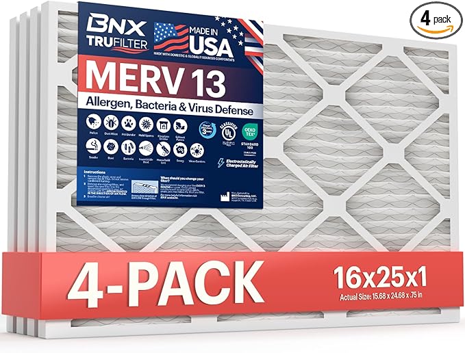 BNX TruFilter 16x25x1 Air Filter MERV 13 (4-Pack) - MADE IN USA - Electrostatic Pleated Air Conditioner HVAC AC Furnace Filters for Allergies, Pollen, Mold, Bacteria, Smoke, Allergen, MPR 1900 FPR 10
