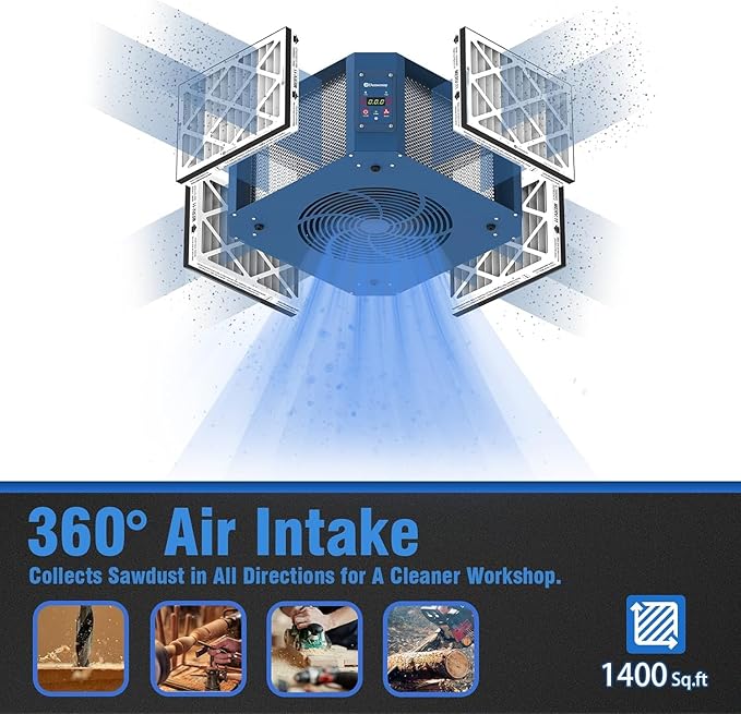 360 Degree Intake Air Filtration System Woodworking, 1050 CFM Hanging Air Filter with Strong Vortex Fan for Wood Workshop, Garage, Shop Dust Collectors, Up to 1700 sq. ft, Kingmaster F12