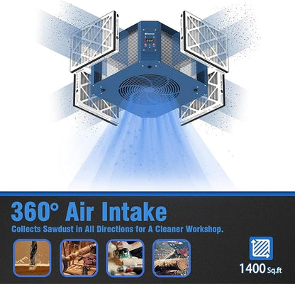 360 Degree Intake Air Filtration System Woodworking, 1050 CFM Hanging Air Filter with Strong Vortex Fan for Wood Workshop, Garage, Shop Dust Collectors, Up to 1700 sq. ft, Kingmaster F12