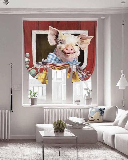 Tie Up Curtains for Windows, Pig Sunflowers Adjustable Balloon Nature Linen Textured Kitchen Curtain, Eucalyptus Leaves Floral Bees Red Barn Room Darkening Curtains for Glass Door, 42 x 45 in
