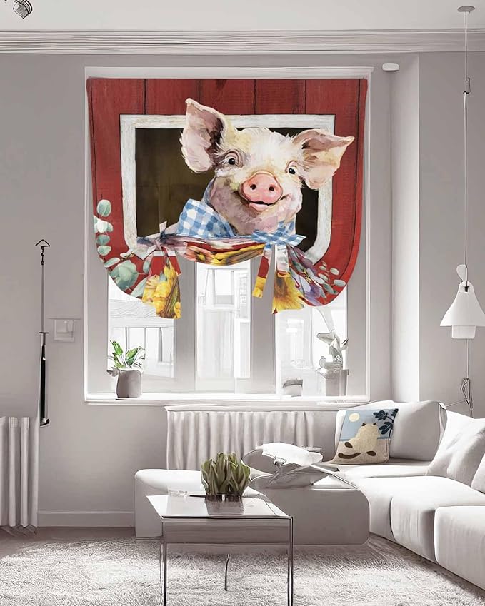 Tie Up Curtains for Windows, Pig Sunflowers Adjustable Balloon Nature Linen Textured Kitchen Curtain, Eucalyptus Leaves Floral Bees Red Barn Tie Up Blackout Curtains for Bedroom, 52 x 63 Inches