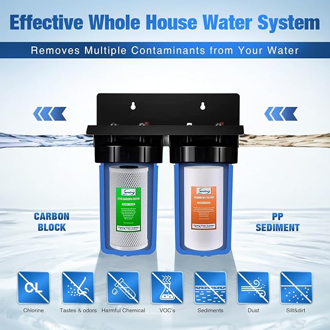 iSpring WGB21B+AH12MN16X2 2-Stage Whole House Water Filter System, Reduces Chlorine, Sediment Water Filtration System for Home with 3/4'' Braided Stainless Steel Hose Connectors and Ball Valve