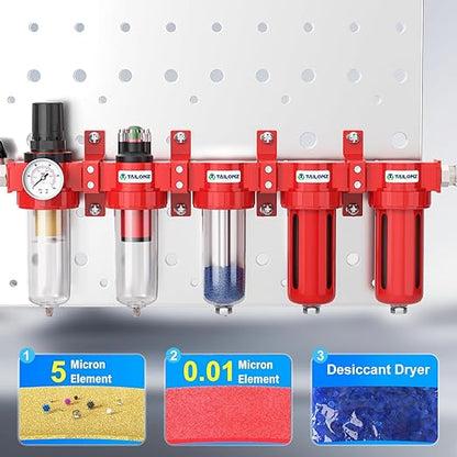 TAILONZ PNEUMATIC 0-150PSI 1/2 Inch NPT Red Industrial Grade 5 Stage Air Drying System, Particulate Filter, Coalescing Filter, Three Desiccant Dryer and Air Regulator (Manual Drainage)
