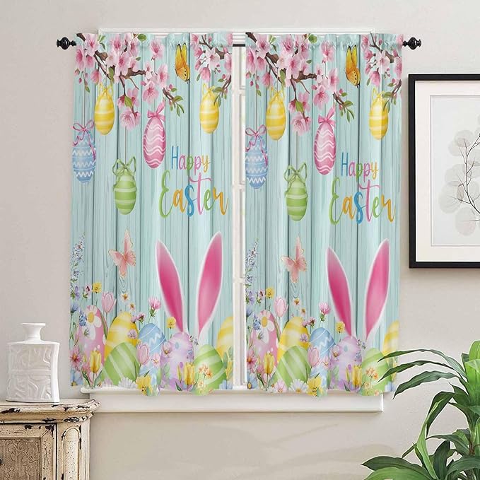Happy Easter Bedroom Curtains 63 Inches length, Spring Bunny Eggs Flower Teal Wood Grain Window Treatment Curtain Drapes, Rod Pocket Curtain Panels for Living Room Kitchen, 42"x63", 2 Panels