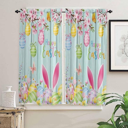 Happy Easter Bedroom Curtains 63 Inches length, Spring Bunny Eggs Flower Teal Wood Grain Window Treatment Curtain Drapes, Rod Pocket Curtain Panels for Living Room Kitchen, 42"x63", 2 Panels