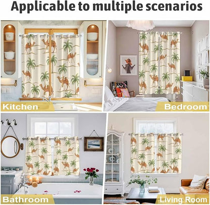 2 Panel Kitchen Cafe Curtains, Date Coconut Tree Sunlight Filtering Nature Air Through, Home Decor Window Covering Tier Curtains for Living Room 55W x 39L inch Desert Camels Botanical Tropical Beige