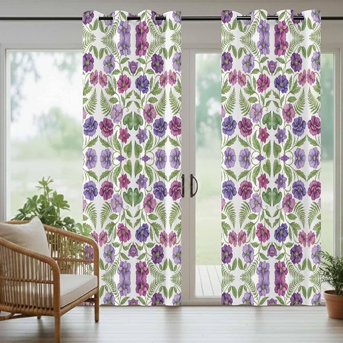 Flowers Outdoor Curtains for Patio Summer Floral Pastoral Farmhouse Plant Waterproof Outside Curtains with Grommet Top Weatherproof Curtain for Cabana Pergola Gazebo, 1 Panel, 54" W x 95" L