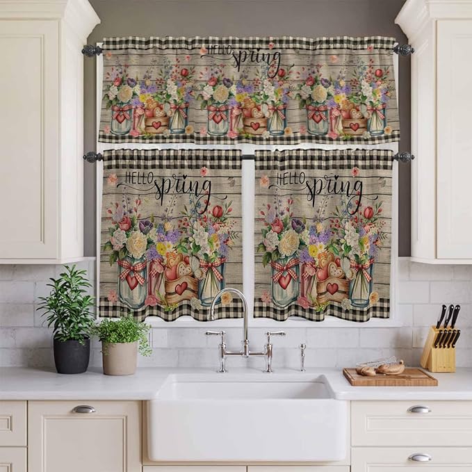 Spring Flowers Kitchen Curtain Set, Farmhouse Vintage Black Plaid Wood Grain Window Valance and Tiers 24" Length, Light Filtering Short Curtains Valance for Cafe Bathroom Bedroom 54"x18"