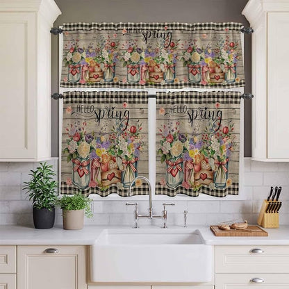 Spring Flowers Kitchen Curtain Set, Farmhouse Vintage Black Plaid Wood Grain Window Valance and Tiers 24" Length, Light Filtering Short Curtains Valance for Cafe Bathroom Bedroom 54"x18"
