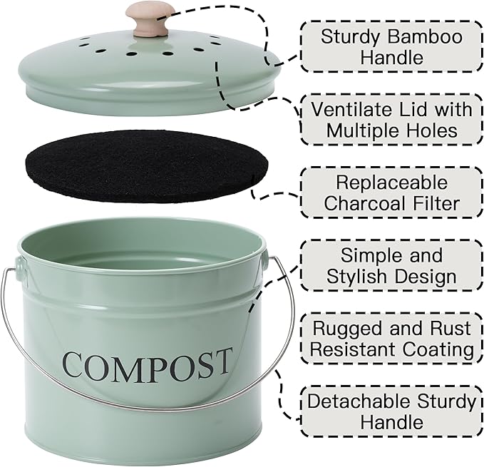 Compost Bin for Kitchen Counter, 1 Gallon Compost Bucket with Lid and Charcoal Filter, Countertop Composter, Rust Proof Indoor Food Waste Bin, Green