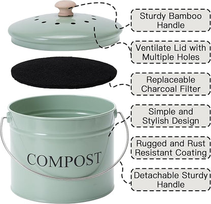 Compost Bin for Kitchen Counter, 1 Gallon Compost Bucket with Lid and Charcoal Filter, Countertop Composter, Rust Proof Indoor Food Waste Bin, Green