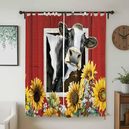 Cows Sunflowers Living Room Curtains 84 Inch Length, Window Curtains Tab Top, Spring Botanical Floral Bees Red Barn Light Filtering Window Treatments Drapes 52"x84" 2 Panel