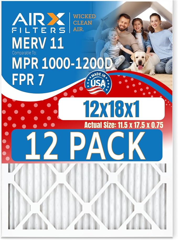 12x18x1 Air Filter MERV 11 Rating, 12 Pack of Furnace Filters Comparable to MPR 1000, MPR 1200 & FPR 7 - Made in USA by AIRX FILTERS WICKED CLEAN AIR.