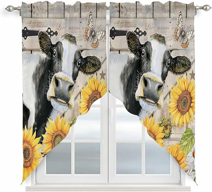 Yellow Sunflowers Swag Valances for Windows, Farmhouse Cow Barn Doors Floral Butterfly Rod Pocket Kitchen Curtains Valance, Small Window Curtains Swag for Cafe Living Room, 2 Panels, 36x36 inch