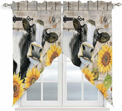 Yellow Sunflowers Swag Valances for Windows, Farmhouse Cow Barn Doors Floral Butterfly Rod Pocket Kitchen Curtains Valance, Kitchen Window Curtains Swag for Cafe Living Room, 2 Panels, 36x45 inch