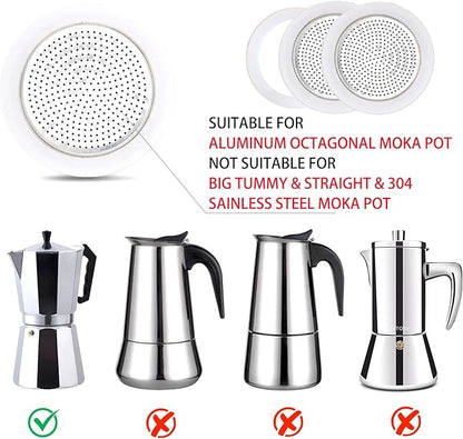 2 Pcs Filter with 3 Pcs Silicone Gasket Seals for 2 Cup Stovetop Espresso Coffee Maker Replacement Parts for DITOSH Aluminium Moka Pot