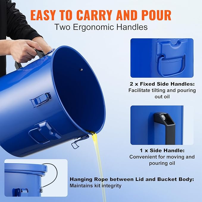 VEVOR Fryer Grease Bucket, 10 Gal Oil Disposal Caddy Carbon Steel Fryer Oil Bucket with Rust-Proof Coating, Oil Transport Container with Lid, Lock Clips, Filter Bag for Hot Cooking Oil Filtering