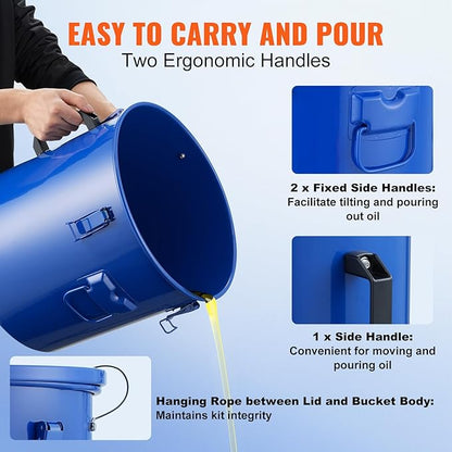 VEVOR Fryer Grease Bucket, 10 Gal Oil Disposal Caddy Carbon Steel Fryer Oil Bucket with Rust-Proof Coating, Oil Transport Container with Lid, Lock Clips, Filter Bag for Hot Cooking Oil Filtering