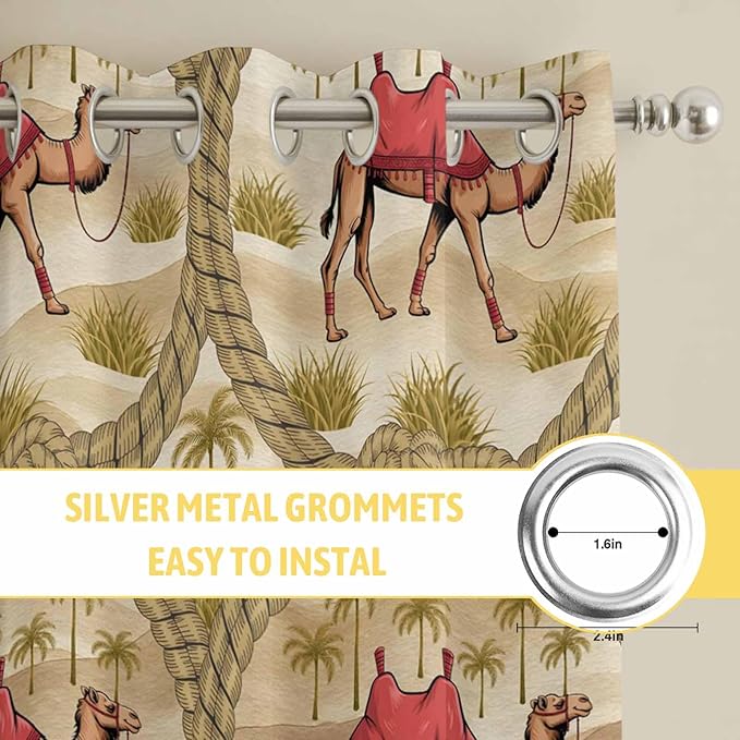 2 Panel Kitchen Cafe Curtains, Desert Camels Sunlight Filtering Nature Air Through, Home Decor Window Covering Tier Curtains for Living Room 104W x 96L inch Tropical Palm Trees Sand Cords Brown