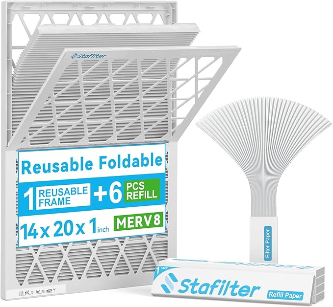 Reusable 14x20x1 Air Filter (MERV 8), 1 Foldable Frame + 6 Refills (Not Individual Filters), Greener HVAC AC Furnace Air Filters MPR 700&FPR 5(Actual Size:13.75"x19.75"x0.75")