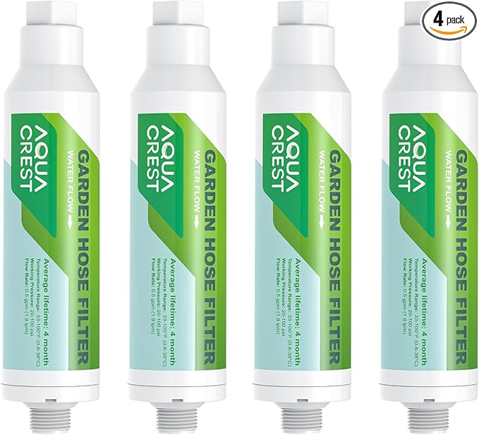 AQUA CREST Garden Hose Water Filter for Plants, Greatly Reduces Chlorine, Odor, Improve Plants Health, Ideal for Organic Gardening, Farming and Pets, Pack of 4