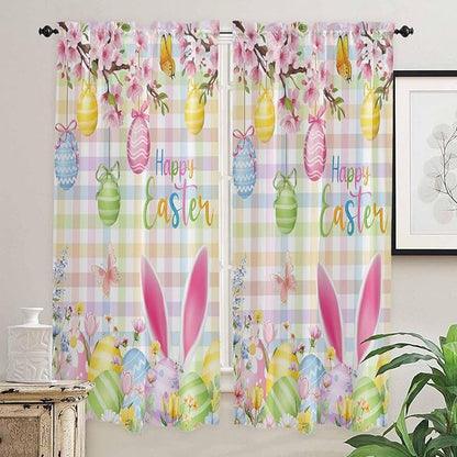 Happy Easter Living Room Curtains 72 Inches length, Spring Bunny Colorful Eggs Flower Plaid Window Treatment Curtain Drapes, Light Filtering Drapes for Bedroom Laundry Room, 52"x72", 2 Panels