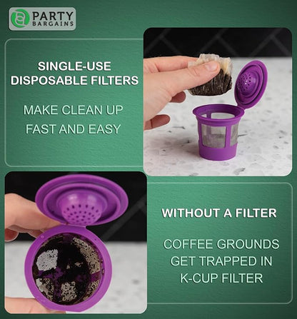 PARTY BARGAINS 300 Compact White Coffee Filter Liners – Disposable, Compatible with Keurig Brewers & K-Cup Reusable Pods, Single-Serve Paper Filters