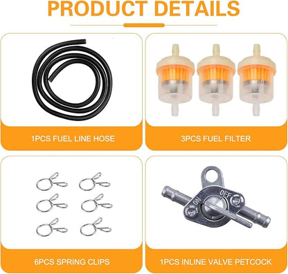 Car Fuel Filter Kit, 39.3" Hose and 3 Filter and Petcock Valve with Mounting Clamps, Plug and Play Fuel System Maintenance Set, Universal Modification for ATV Motorcycle Beach Bike (Black)