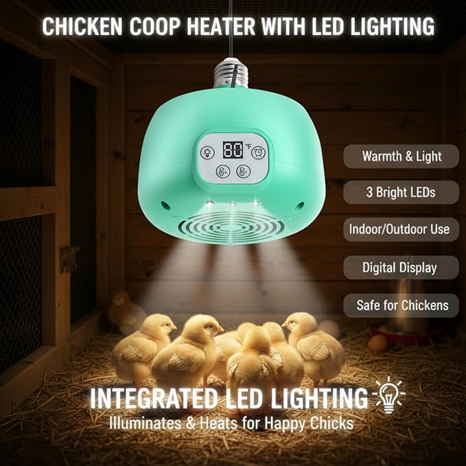 Enhon 2 Sets Chicken Coop Heater, Timing Heat Lamp for Chickens, Smart Temperature Control Chicken Brooder Heater Greenhouse Warmer, 5 Ft Ultra Long Cable Reptile Heating Lamp for Chicks Duck Dog Cat