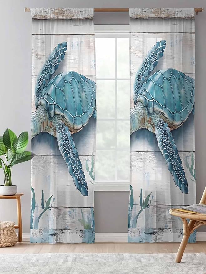 Sheer Curtains 96 Inches Long, Teal Green Sea Turtle Semi Sheer Curtains Light Filtering Window Treatment, Summer Ocean Seaweed Wood Grain Privacy Voile Drapes for Living Room Bedroom 52x96 Inch