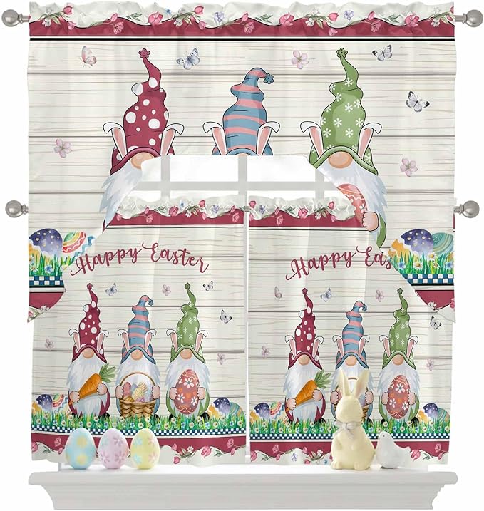 Swag Valance Curtains, Happy Easter Gnomes with Eggs on Grass Rod Pocket Valances Swag Topper for Kitchen Windows, Spring Floral on Wood Barn Light Filtering Short Curtain for Bedroom Bathroom 56x36In