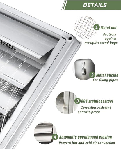 4" Metal Dryer Vent Cover Outside with Pest Guard Screen, 304 Stainless Steel Outdoor Exterior Wall Air Vent Cover with 6 Screws and Rubber Gasket for Bathroom Exhaust Vent Office Home