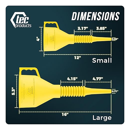 TEC Products FlexAll Long Flexible Funnels - Automotive Oil Funnel with Hose, Durable Nitrile Rubber for Oil Change, Transmission Funnel Fluid, Diesel, Fuel, Gas - Made in USA - Yellow (16 x 5 Inches)