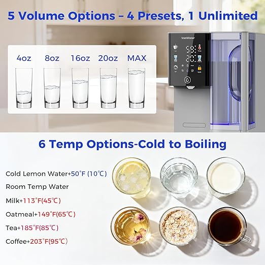C5 Countertop Reverse Osmosis Water Filter, Hot and Cold RO System-3s Instant Hot, 6 Temp Settings 7-Stage RO Filtration Dispenser, NSF/ANSI372/42/58, Portable Pitcher, 3:1 Pure to Drain