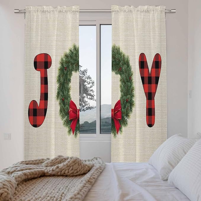 Red Green Christmas Window Curtains 72 Inch Long 2 Panel Set, Rod Pocket Long Curtains & Drapes, Farmhouse Xmas Botanical Winter Light Filtering Window Treatment for Bedroom Living Room 52"W x 72"L