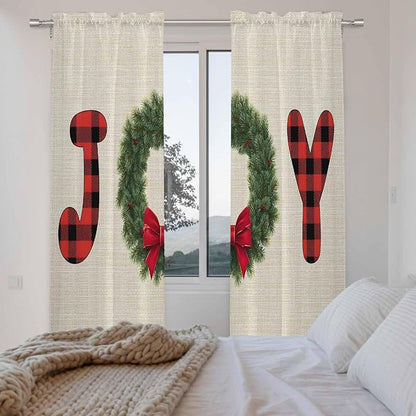Red Green Christmas Window Curtains 72 Inch Long 2 Panel Set, Rod Pocket Long Curtains & Drapes, Farmhouse Xmas Botanical Winter Light Filtering Window Treatment for Bedroom Living Room 52"W x 72"L