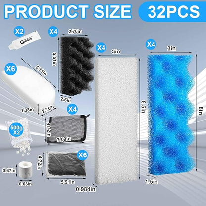 32 Pcs Aquarium Media Kit Compatible with Fluval 206/207 Canister Filter, Including Foam Pad, Water Polishing Pad, Activated Carbon, Ceramic Rings, Mesh Bags, Silicone Lube