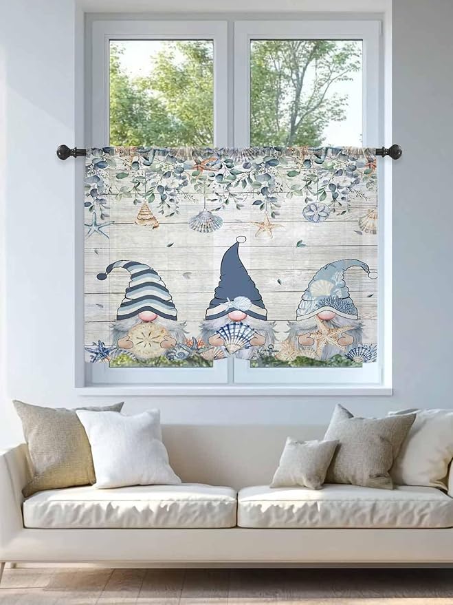 Sheer Curtains 45 Inch Length, Coastal Eucalyptus Leaf Semi Sheer Curtains Light Filtering Window Treatment, Ocean Blue Gnomes Starfish Wood Grain Privacy Voile Drapes for Living Room 52x45 Inch