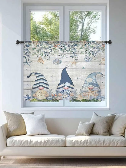 Sheer Curtains 54 Inch Length, Coastal Eucalyptus Leaf Semi Sheer Curtains Light Filtering Window Treatment, Ocean Blue Gnomes Starfish Wood Grain Privacy Voile Drapes for Living Room 52x54 Inch