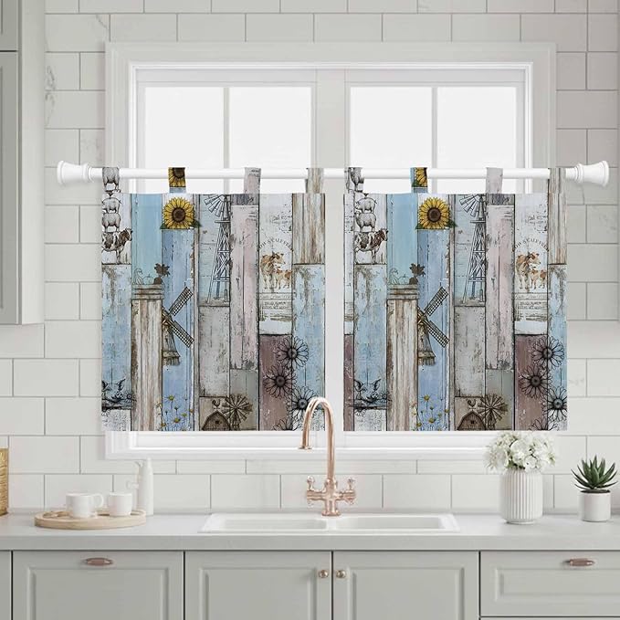 Blue Grey Wooden Kitchen Curtains 36 Inch Length, Small Window Curtains Tab Top, Farmhouse Barn Sunflowers Retro Light Filtering Short Window Treatments Tier Drapes 27.5"x36" 2 Panel