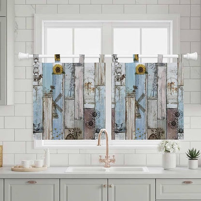 Blue Grey Wooden Kitchen Curtains 36 Inch Length, Small Window Curtains Tab Top, Farmhouse Barn Sunflowers Retro Light Filtering Short Window Treatments Tier Drapes 27.5"x36" 2 Panel