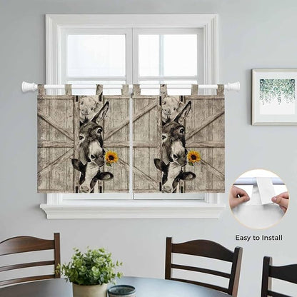 Funny Farm Animals Kitchen Curtains 36 Inch Length, Small Window Curtains Tab Top, Vintage Barn Brown Sunflowers Light Filtering Short Window Treatments Tier Drapes 27.5"x36" 2 Panel