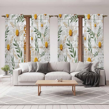 Spring Daisy Kitchen Curtains, Farmhouse Country Flower Leaf Plant Wood Grain Light Filtering Window Curtain Panels, 2Pcs Rod Pocket Window Treatments Set for Living Room Bathroom Bedroom 52x72 Inches
