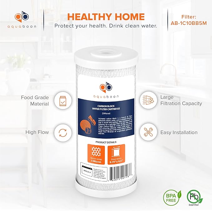 Aquaboon 5 Micron 10x4.5 Carbon Block Water Filters Whole House CTO Water Filter Replacement Cartridge Compatible with FXHTC, CB-BB-10, EP-BB, 4-Pack