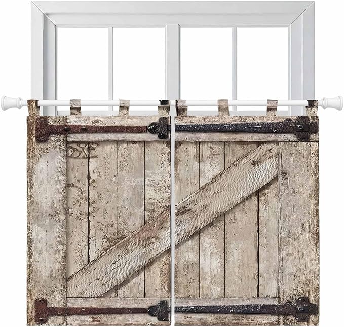 Farmhouse Wood Grain Kitchen Curtains 45 Inch Length, Short Cafe Window Curtains Tab Top, Vintage Country Barn Gate Brown Light Filtering Window Treatments Tier Drapes 27.5"x45" 2 Panel