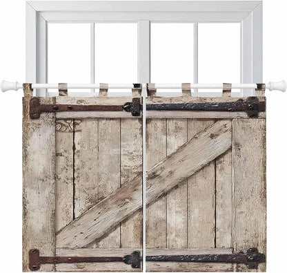 Farmhouse Wood Grain Kitchen Curtains 45 Inch Length, Short Cafe Window Curtains Tab Top, Vintage Country Barn Gate Brown Light Filtering Window Treatments Tier Drapes 27.5"x45" 2 Panel