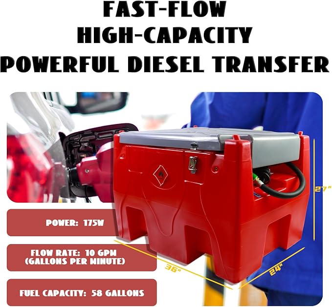 Portable Diesel Only Fuel Storage W/12V Pump 10.6 GPM Flow Rate, Auto Nozzle,13ft Hose,Water Filter,58 Gallon Heavy-Duty PE Transfer Container for Truck Bed,On-Site Refuel Equipment Fueling