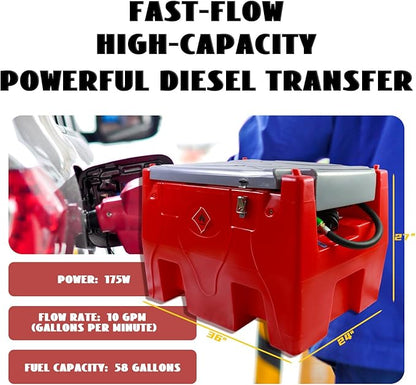 Portable Diesel Only Fuel Storage W/12V Pump 10.6 GPM Flow Rate, Auto Nozzle,13ft Hose,Water Filter,58 Gallon Heavy-Duty PE Transfer Container for Truck Bed,On-Site Refuel Equipment Fueling