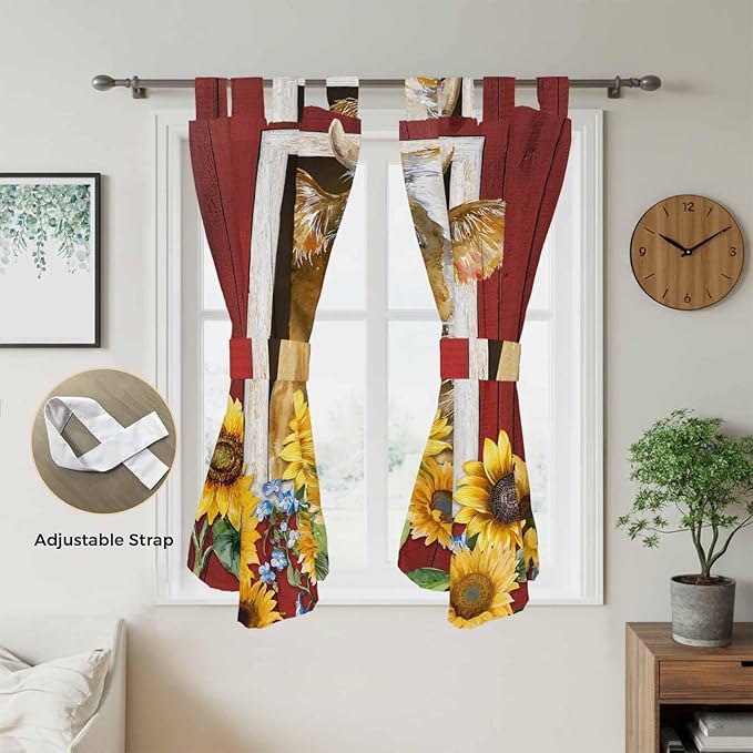 Cows Sunflowers Bedroom Curtains 72 Inch Length, Window Curtains Tab Top, Spring Floral Bees Farmhouse Barn Light Filtering Window Treatments Drapes 52"x72" 2 Panel